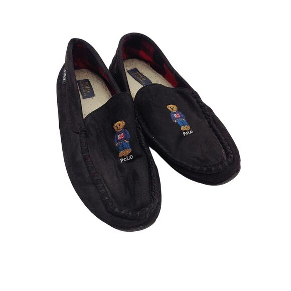 POLO RALPH LAUREN Declan Bear Moccasin Slippers Mens Size 12 Black‎ Preppy Cozy - Picture 1 of 9